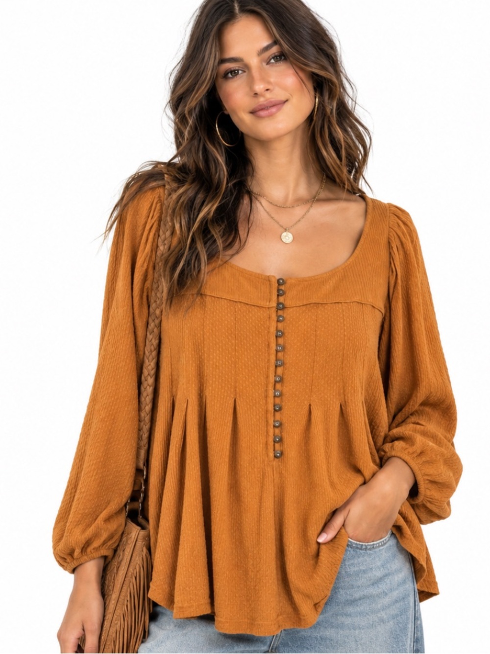 FREE PEOPLE PUMPKIN SPICE DEVIN AUTUMN PEARL HENLEY KNIT TOP XS NWT